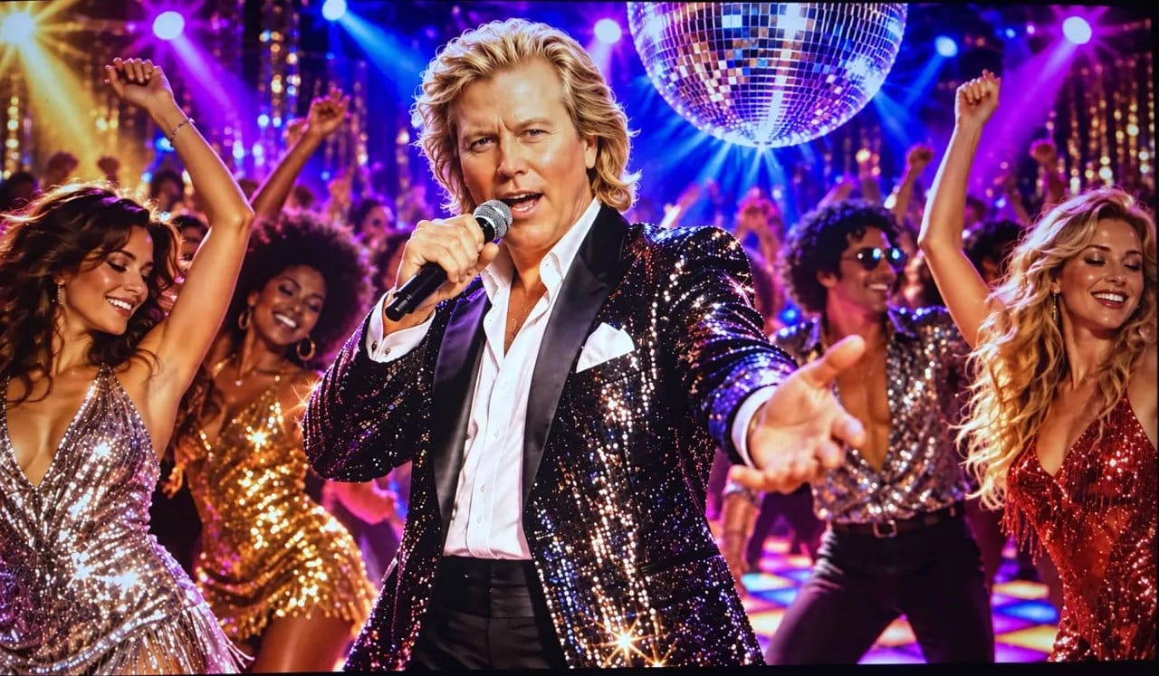Thomas Truhitte singing on a disco stage in a sequined jacket, dancers and a mirrored ball behind him