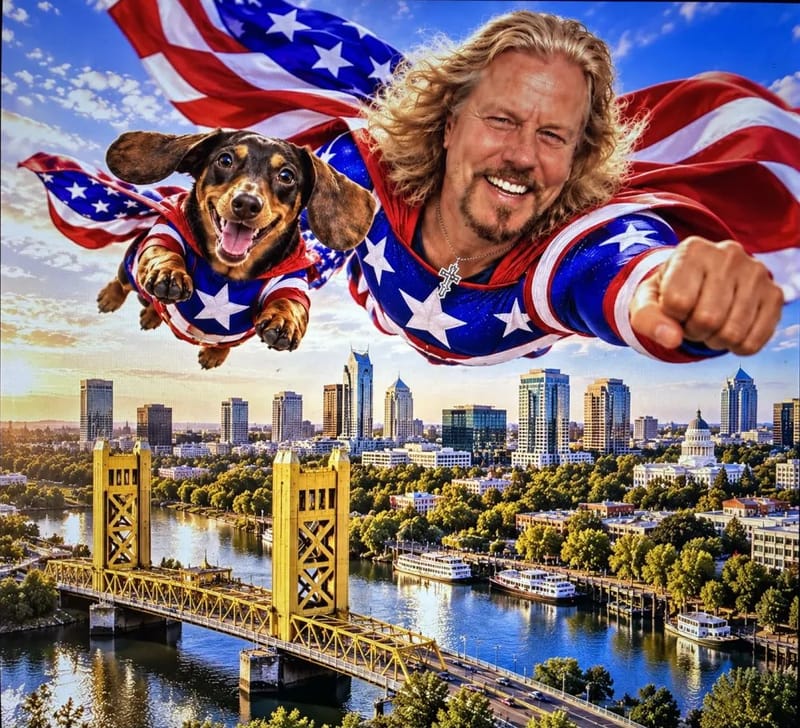 Thomas Truhitte in a stars-and-stripes suit flying over the Sacramento skyline and Tower Bridge, beside a dachshund in a matching suit
